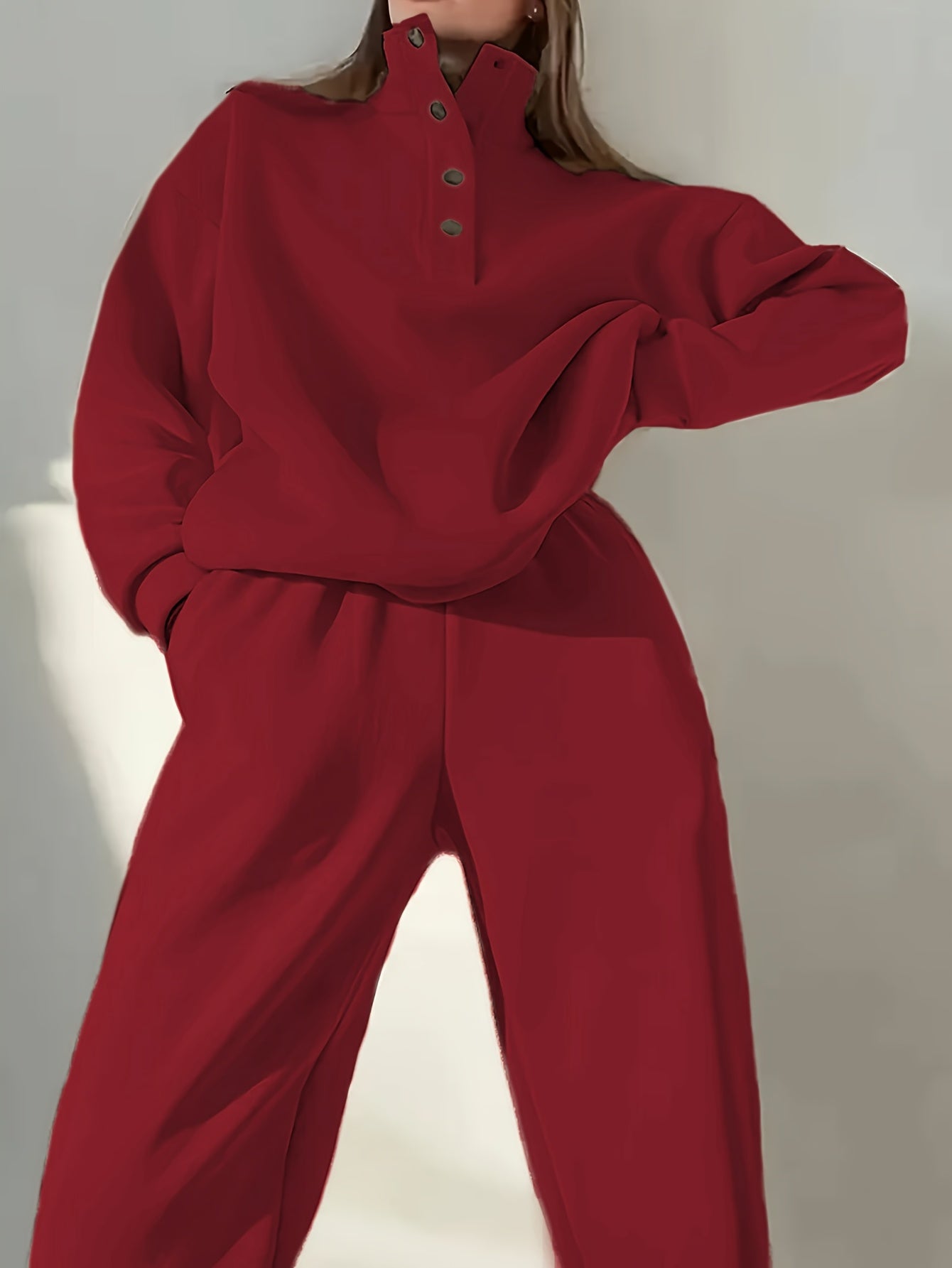 Women’s Beige Fleece-Lined Sweatshirt & Cuffed Pants Set for Fall & Winter