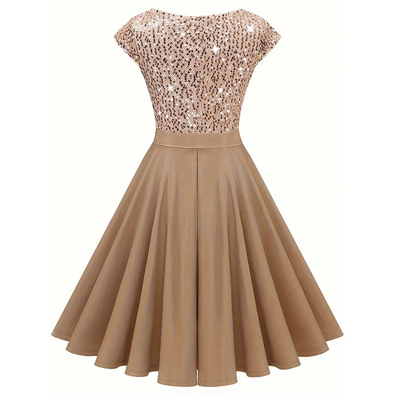 Infinity Beautiful Sparkle Night Dress – V-Neck Sequin Style with Cap Sleeves and Pleated Skirt