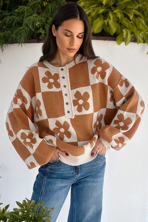 Infinity Beautiful Flower Checker Henley Baggy Sweater