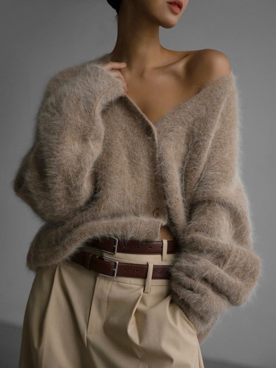 Loose V-neck Button Cardigan Fall Winter Fashion Single Breasted Knitted Sweater Top Women's Clothing - Infinity Beautiful Boutique
