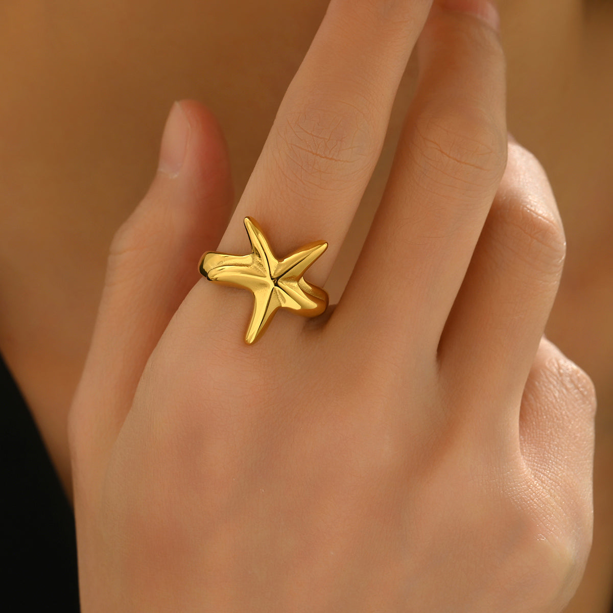 18K Gold-Plated Stainless Steel Starfish Ring – Minimalist Beach-Style