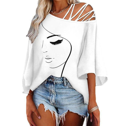 Loose Fit Stitching Print Top – Oblique Collar 5/4 Sleeve Cotton Blouse for Women - Infinity Beautiful Boutique