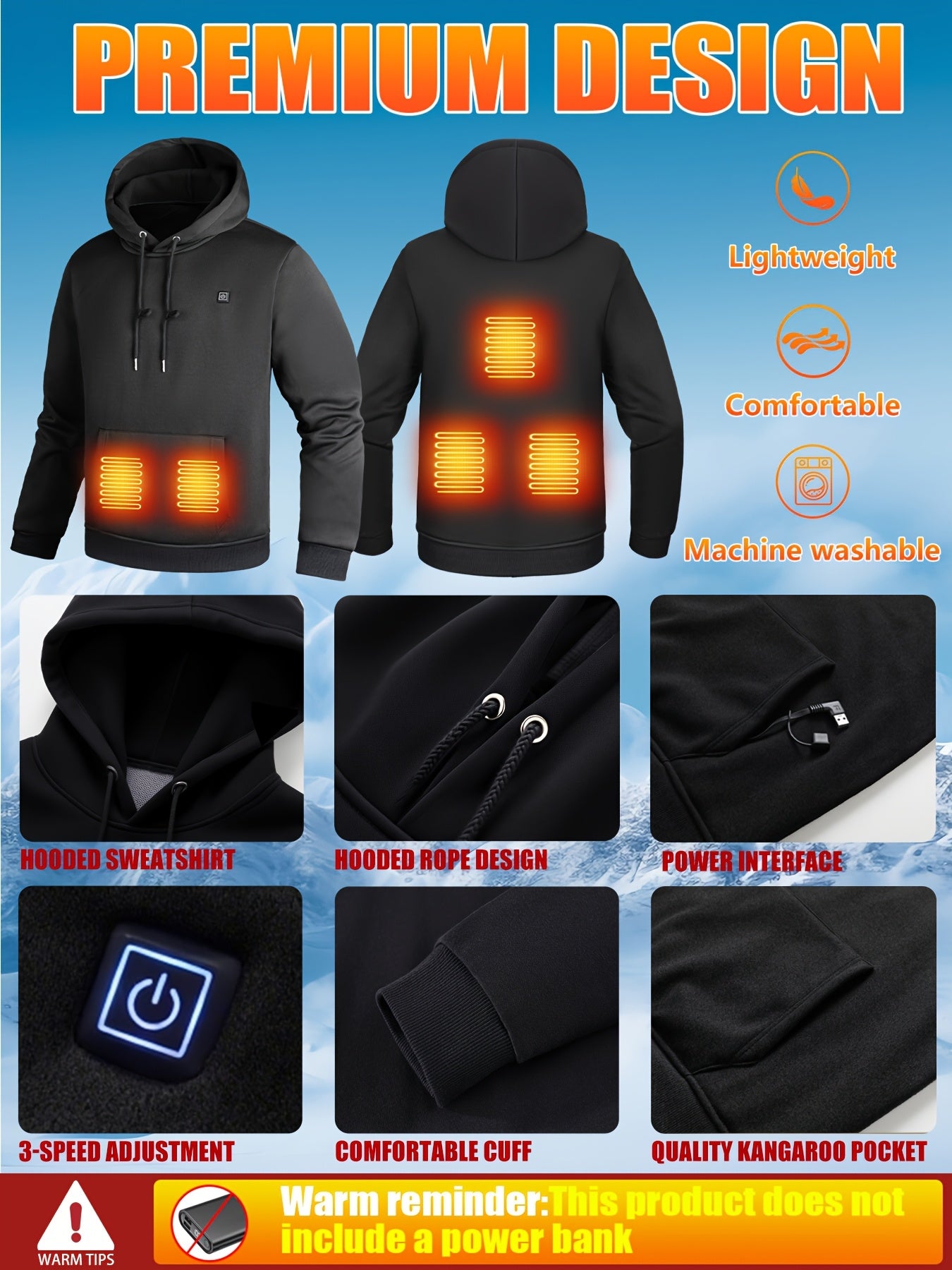 Men’s Heated Hooded Sweatshirt 5-Zone Winter Gear