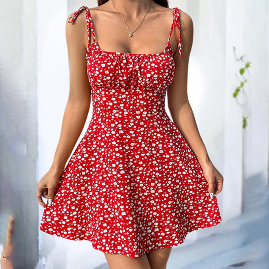 Womens Floral Mini Dress Spaghetti Strap Sleeveless Tie Shoulder Ruffle Summer Boho Dresses - Infinity Beautiful Boutique