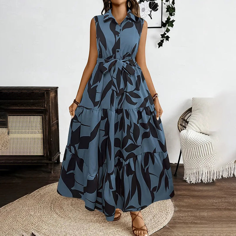 Infinity Beautiful Boho Breeze Maxi – Sleeveless Floral Dress with V-Neck, Button Front & Belted Waist