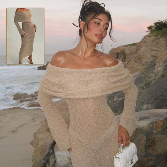 New One-shoulder Knitted Long-sleeved Dress Sexy Beach Holiday Long Dresses Womens Clothing - Infinity Beautiful Boutique