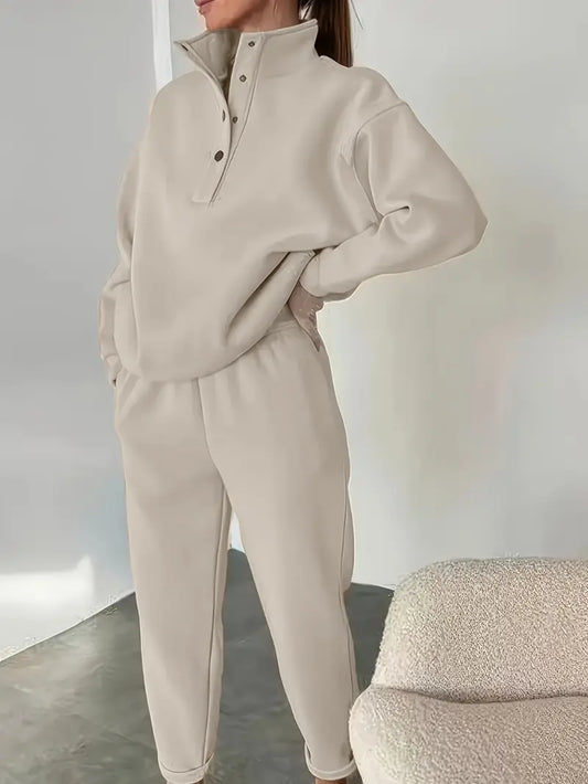 Women’s Beige Fleece-Lined Sweatshirt & Cuffed Pants Set for Fall & Winter