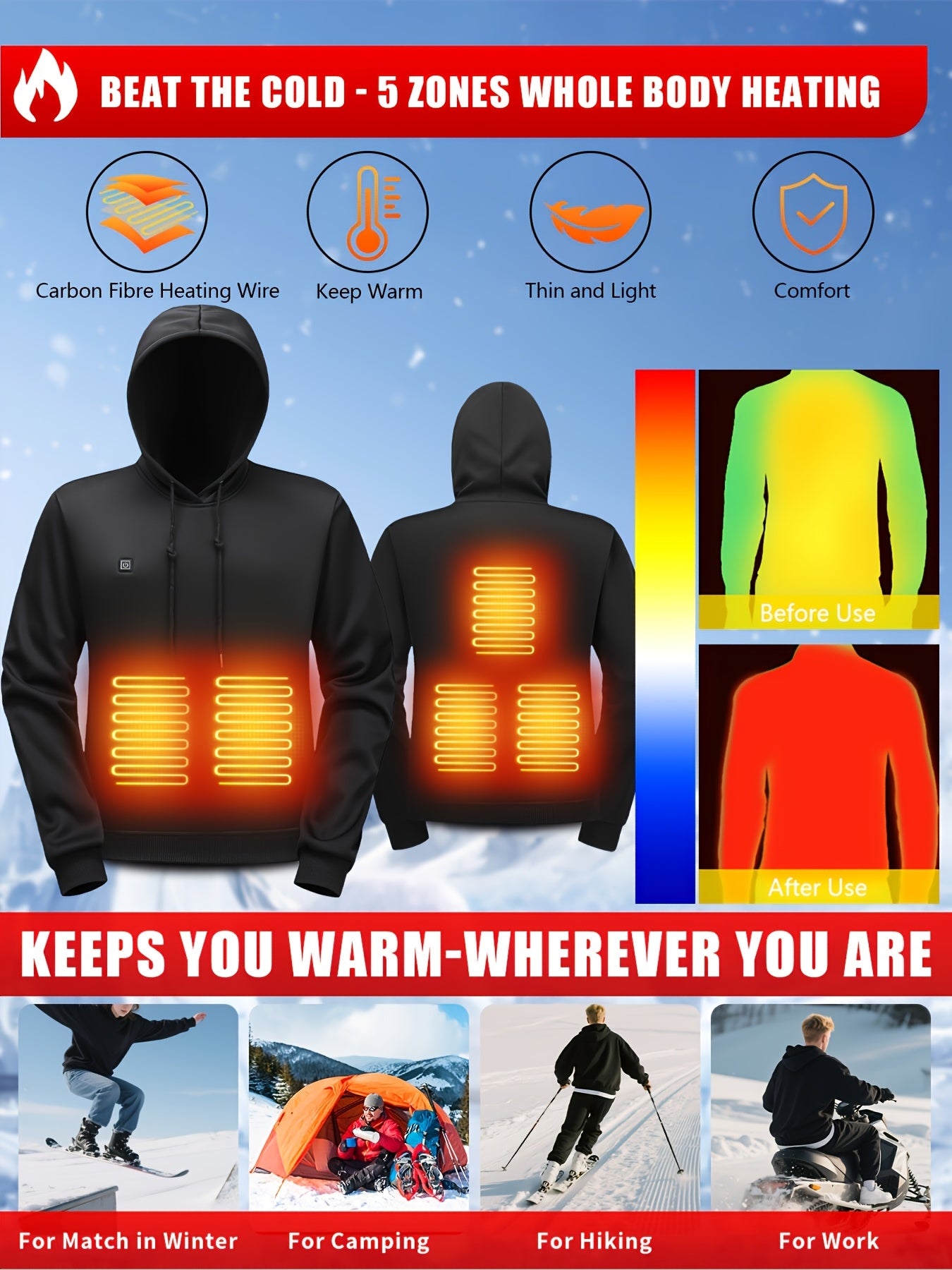 Men’s Heated Hooded Sweatshirt 5-Zone Winter Gear
