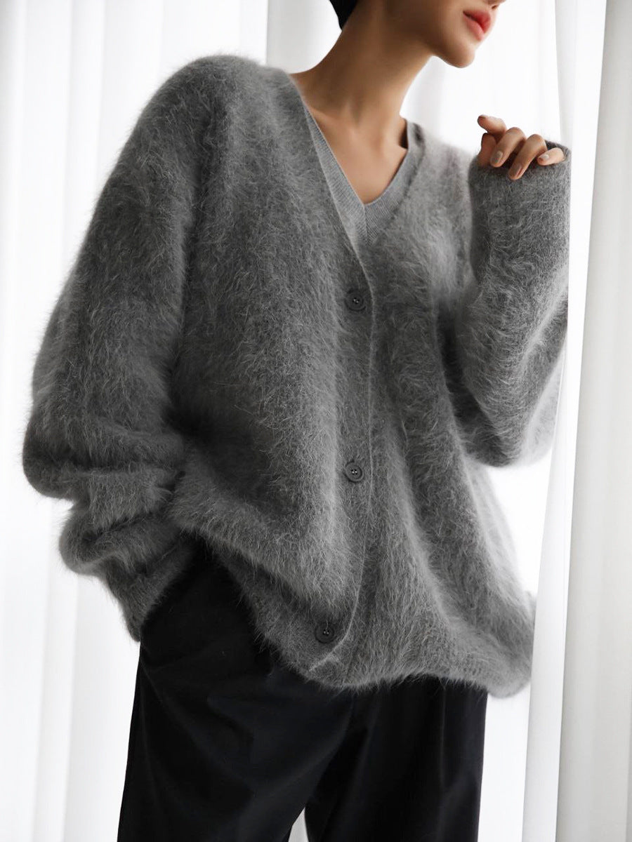 Loose V-neck Button Cardigan Fall Winter Fashion Single Breasted Knitted Sweater Top Women's Clothing - Infinity Beautiful Boutique