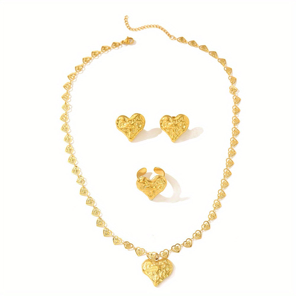18K Gold Plated Stainless Steel Heart Jewelry Set – Earrings, Ring & Necklace