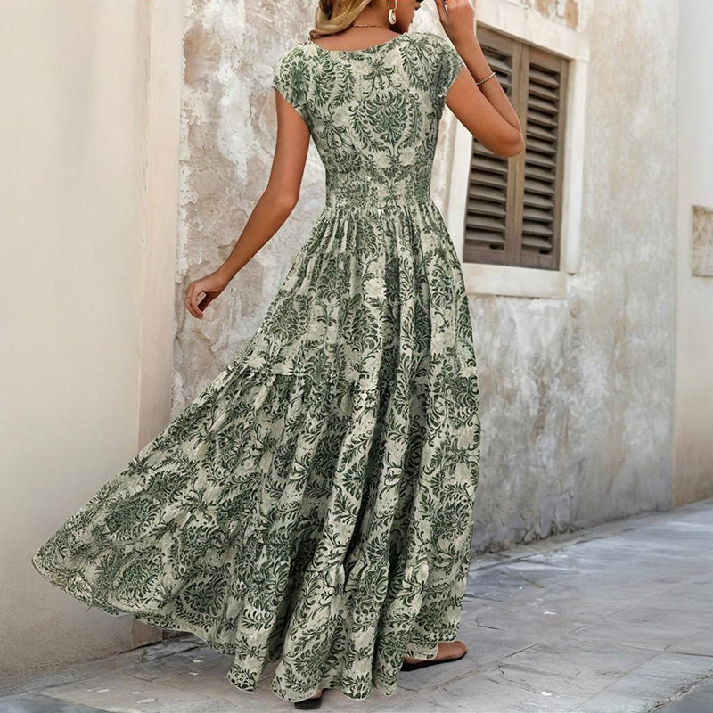 Infinity Beautiful Coastal Glow Maxi – V-Neck Printed Dress with Short Sleeves and Flowing Hem