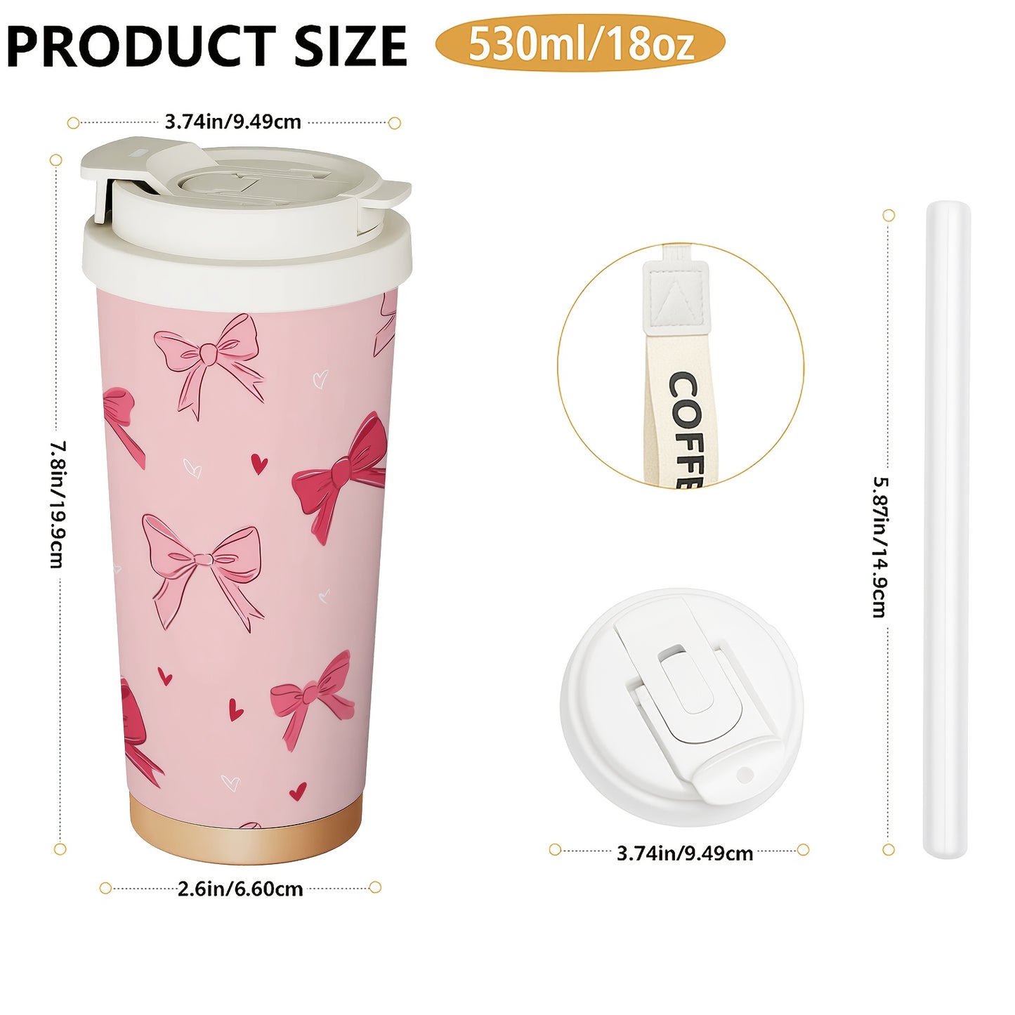 Pink Bow & Hearts Insulated Travel Tumbler