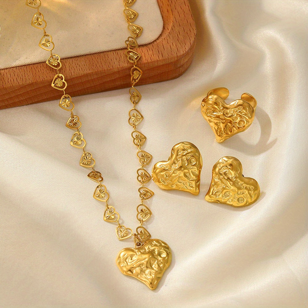 18K Gold Plated Stainless Steel Heart Jewelry Set – Earrings, Ring & Necklace