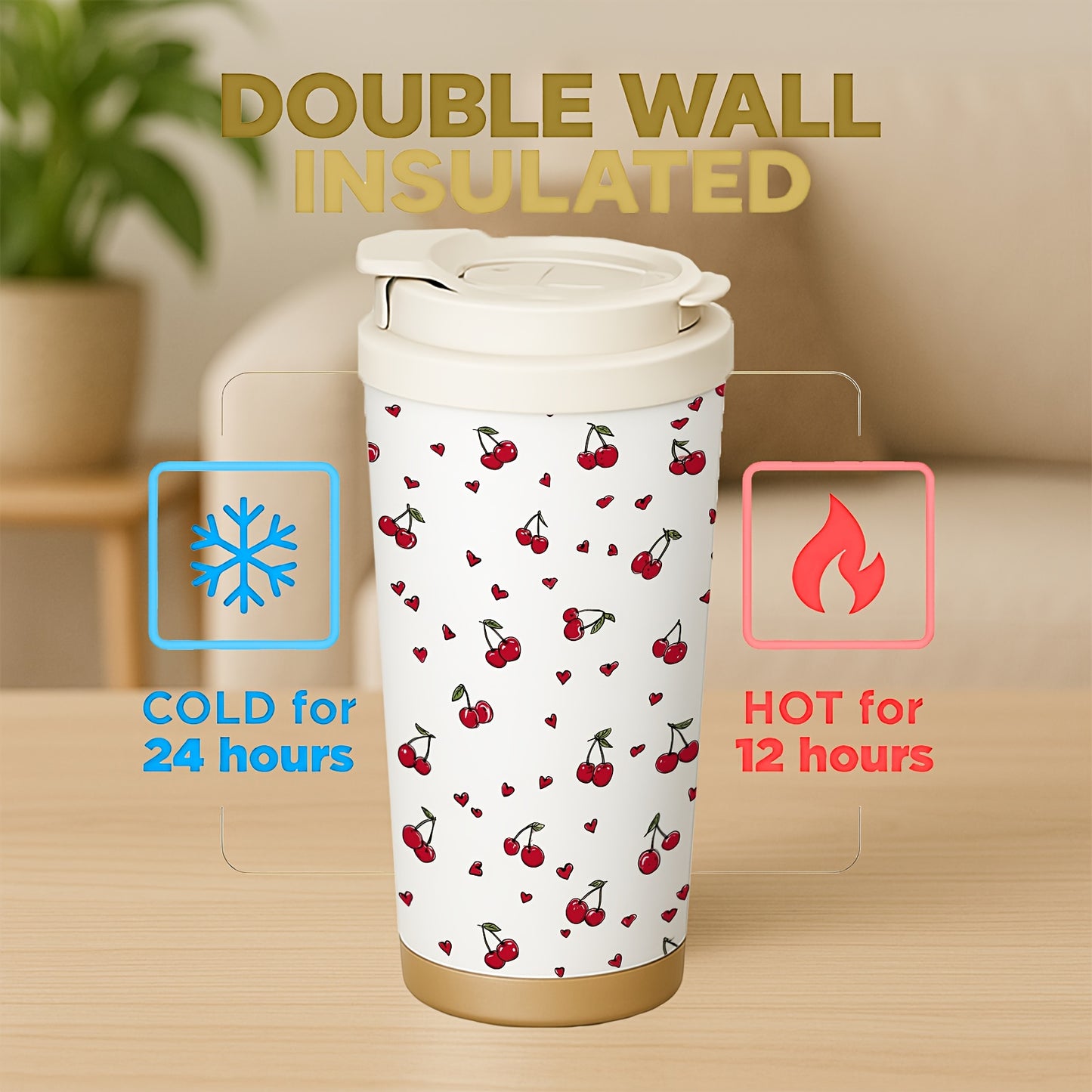 Cherry Pattern Insulated Stainless Steel Travel Mug