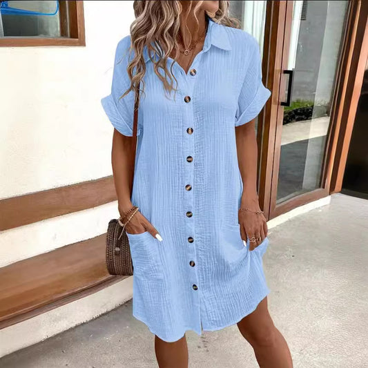 Infinity Beautiful Solid Color Shirt Dress – Summer Short Sleeve, Mid-Length S, M, L, XL, XXL - Infinity Beautiful Boutique