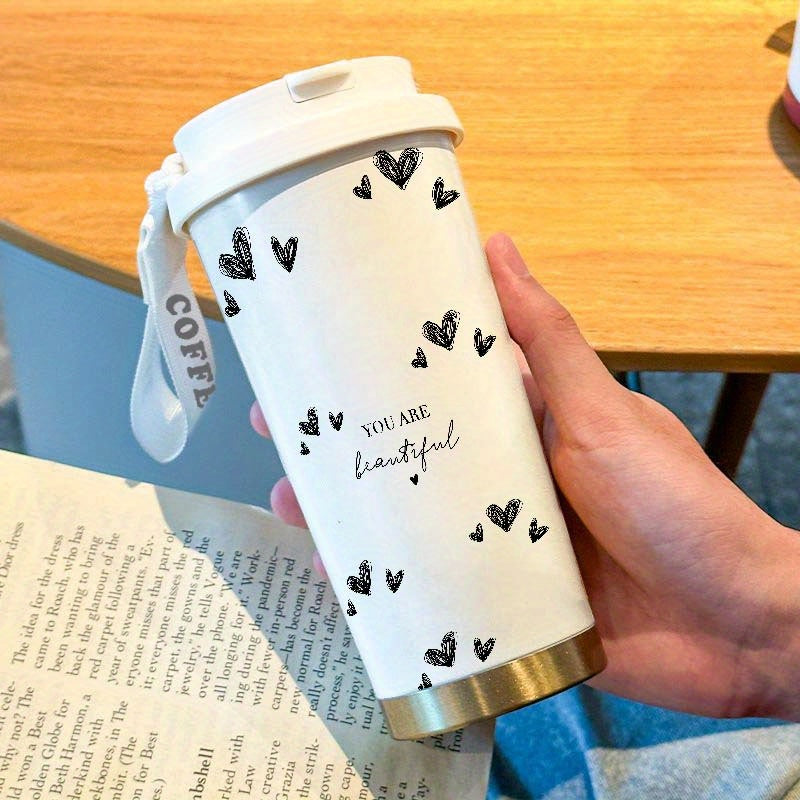 Black Heart Insulated Travel Mug with Handle Strap