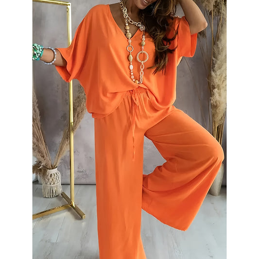 Women's 2 Piece Outfit, Casual Solid Color V-Neck Half Sleeve Top And Wide Leg Pants Lounge Set - Infinity Beautiful Boutique