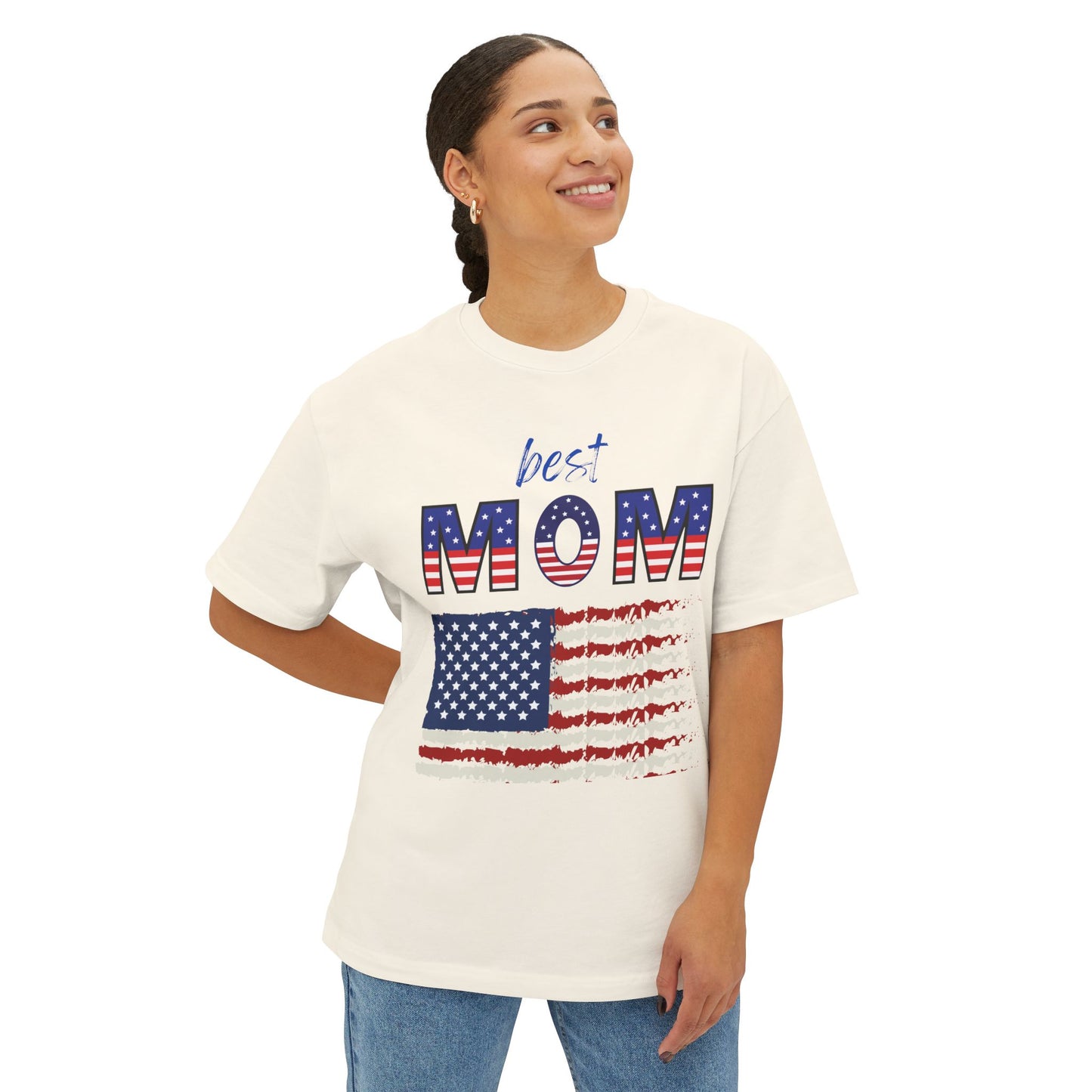 Best Mom American Flag Tee | Unisex Oversized Boxy T-Shirt | Patriotic Gift for Mom | Casual Summer Top