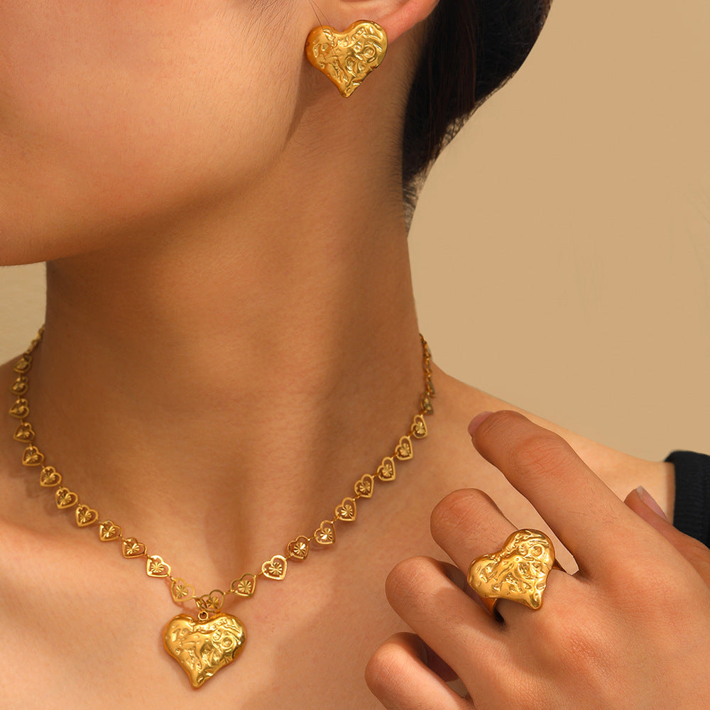 18K Gold Plated Stainless Steel Heart Jewelry Set – Earrings, Ring & Necklace