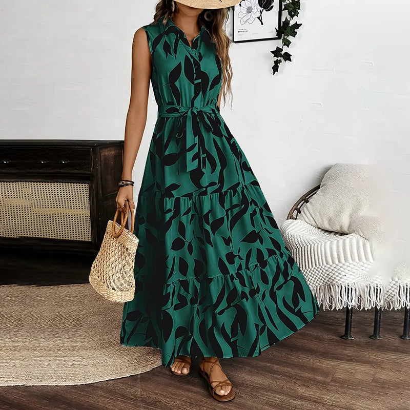 Infinity Beautiful Boho Breeze Maxi – Sleeveless Floral Dress with V-Neck, Button Front & Belted Waist