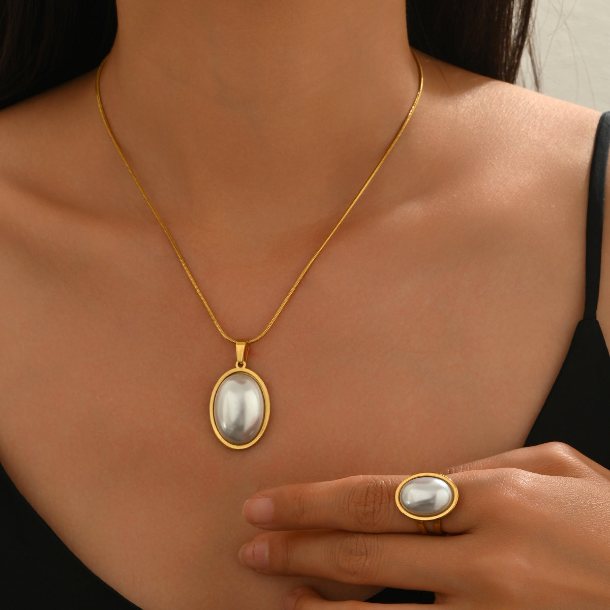 Lxalry Golden Jewelry Set - Elegant Necklace & Ring Combo With Oval Design, Metal Polished Finish, Perfect For Both Day & Night Occasions - Infinity Beautiful Boutique