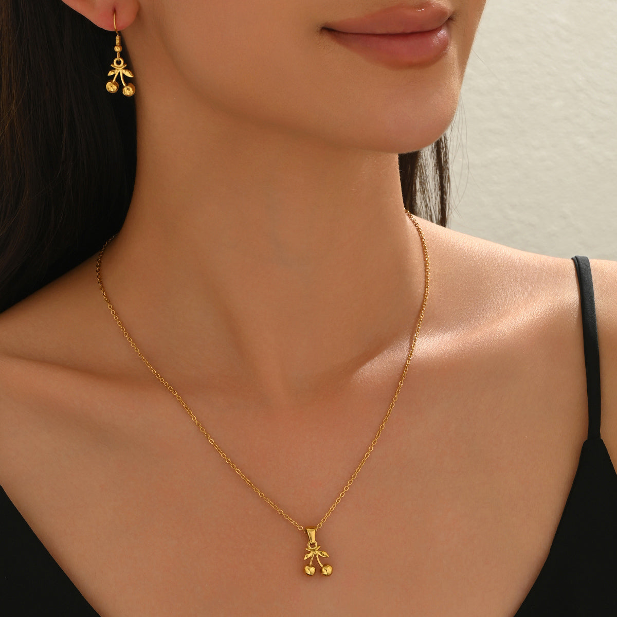 18K Gold-Plated Stainless Steel Cherry Pendant Necklace & Earrings Set