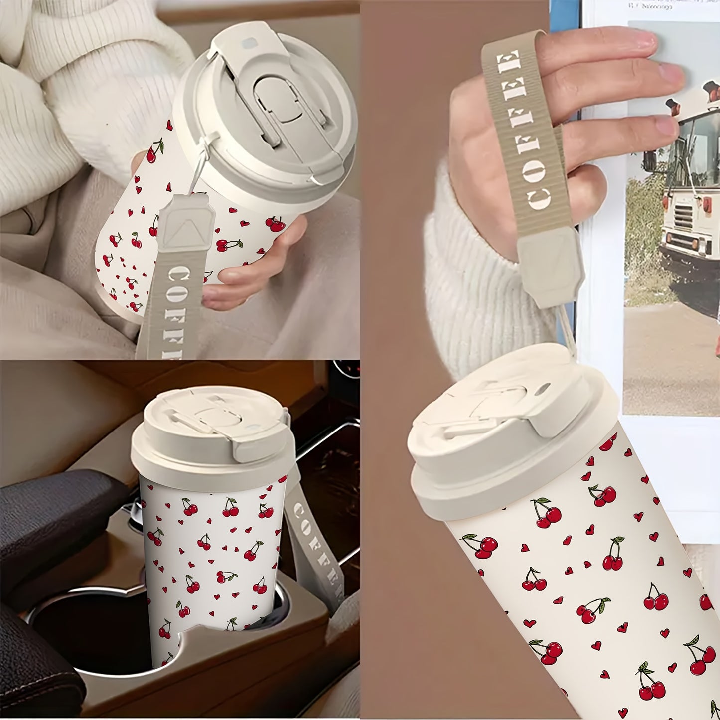 Cherry Pattern Insulated Stainless Steel Travel Mug