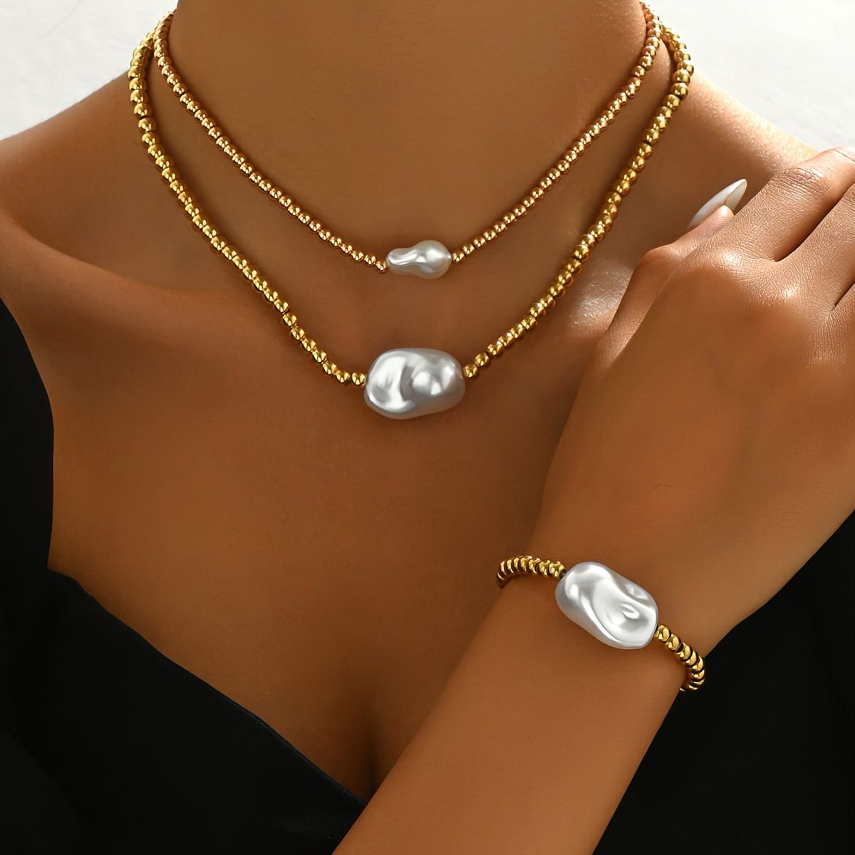 Luxury Gold Electroplated Layered Jewelry Set – Handmade Necklace & Bracelet Duo