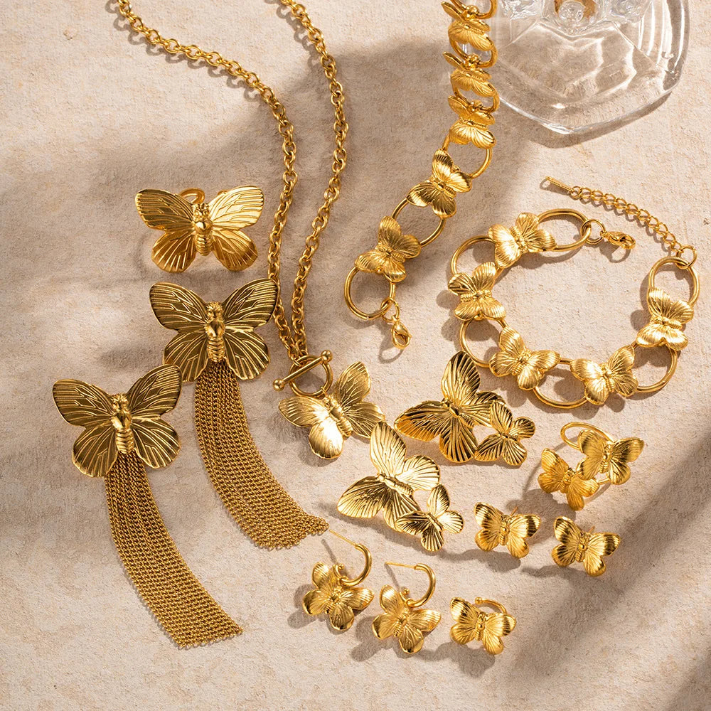 Butterfly Stainless Steel Jewelry Bracelet Ring Earrings Necklace