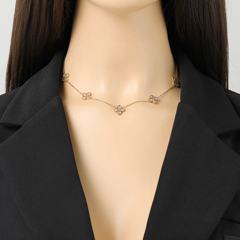Gold-Tone Flower Zirconia Jewelry Set  Waterproof Stainless Steel