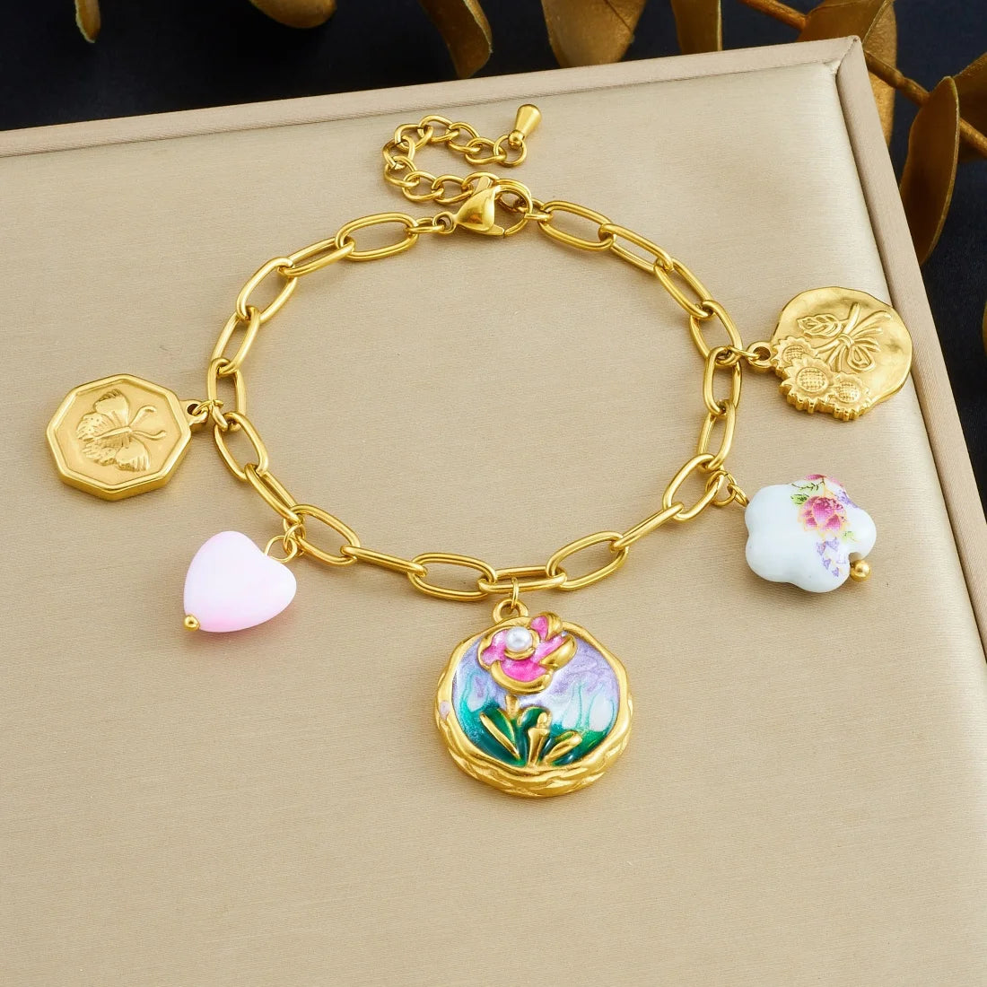 14K Gold Tone Plated Sunflower Pearl Jewelry Set Stainless Steel