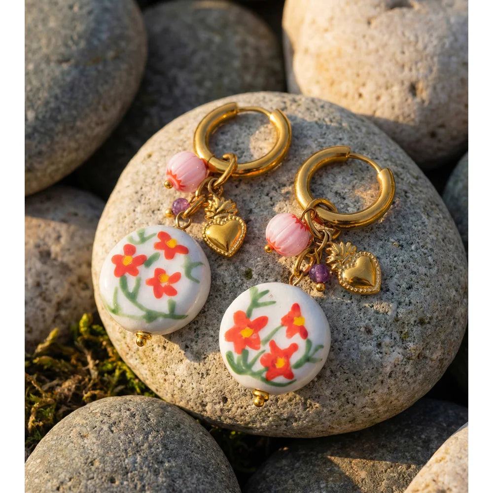 Women’s Stainless Steel Ceramic Flower Drop Earrings Gold Plated Trendy