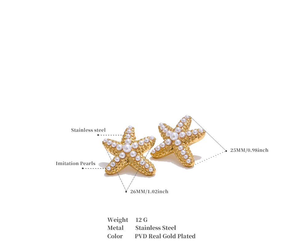 Ocean Starfish Pearl Stud Earrings Stainless Steel Vintage