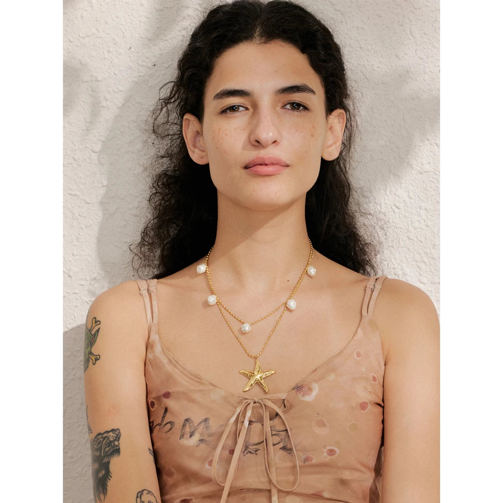 Ocean Double Layer Necklace Gold Plated Stainless Steel Vintage