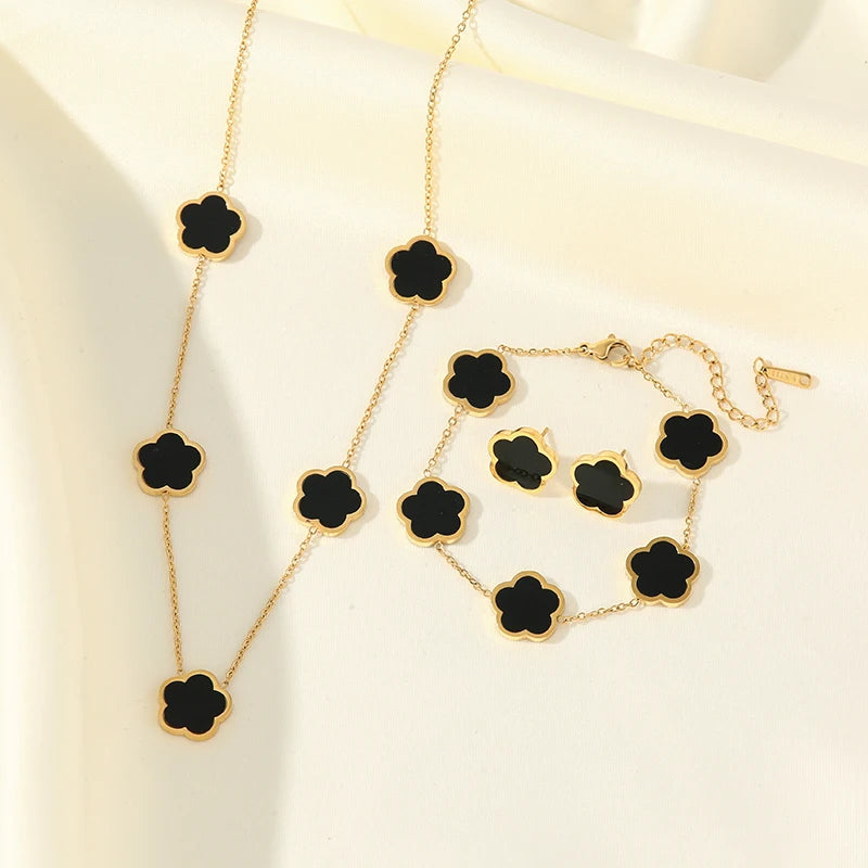 Five Clover Necklace Bracelet Earrings 18K Gold Plated Jewelry Set