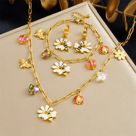 14K Gold Plated Bee Jewelry Set Stainless Steel