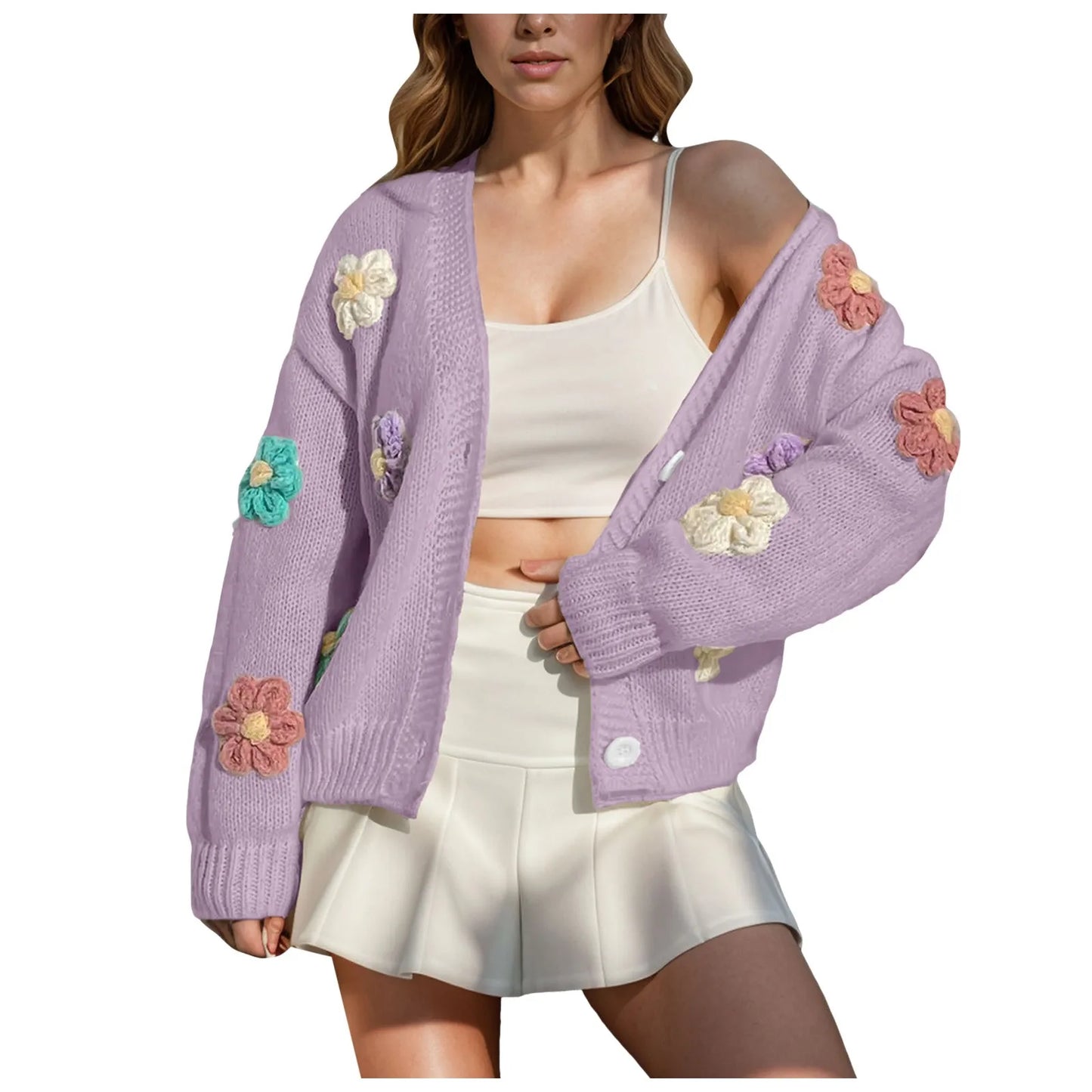 Floral Knit Cardigan Button Down Cropped Sweater