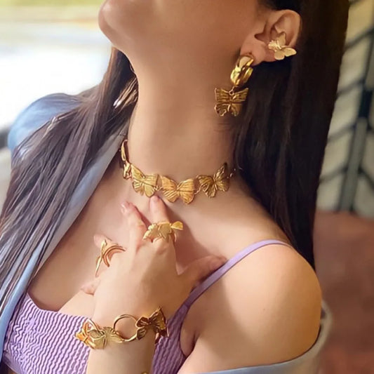 Butterfly Stainless Steel Jewelry Bracelet Ring Earrings Necklace