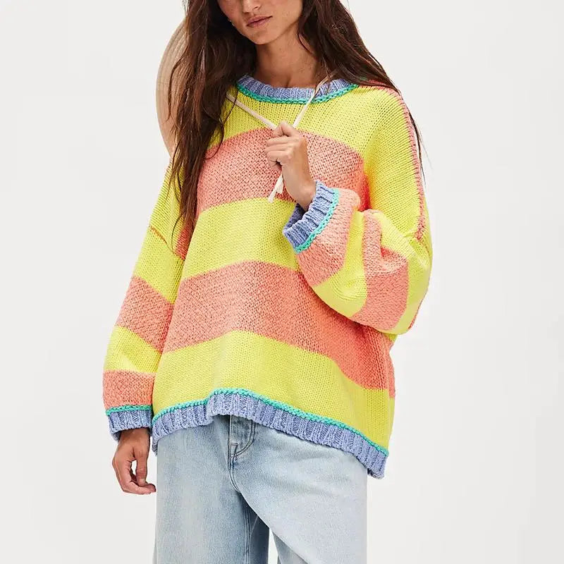Women Striped Crew Neck Sweater Loose Fit Casual Knit Pullover Top