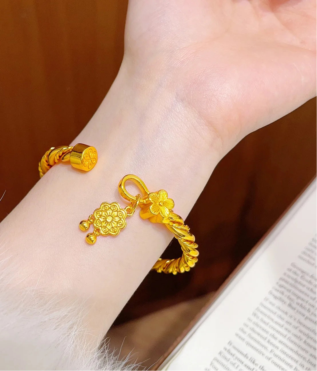 24K Gold Peach Blossom Open Bangle Bracelet for Women Lucky Symbol Jewelry