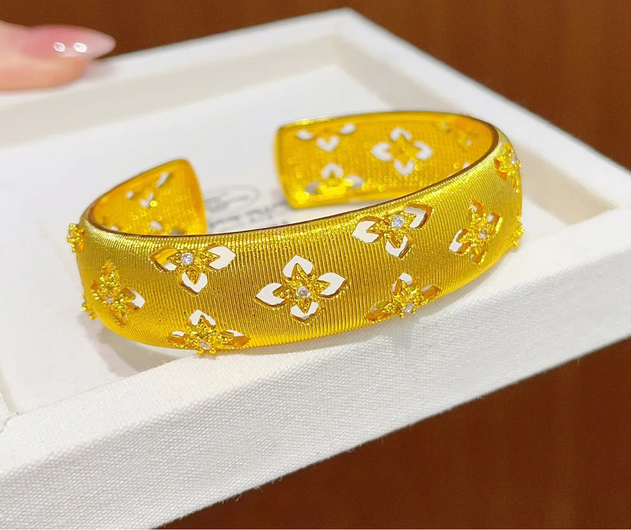 24K Gold Filled Clover Cuff Bangle Bracelet for Women Lucky Hollow Design Zircon