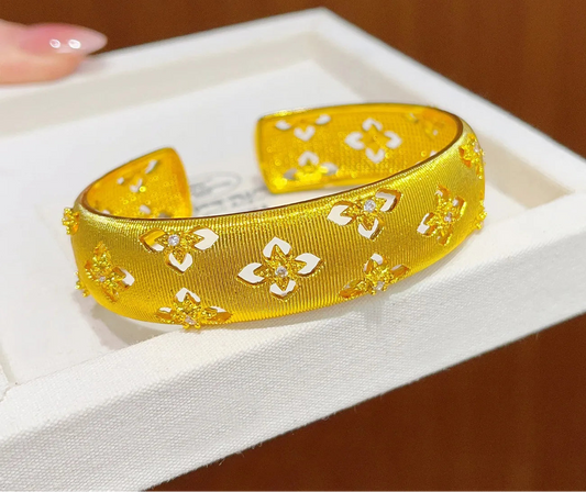 24K Gold Filled Clover Cuff Bangle Bracelet for Women Lucky Hollow Design Zircon