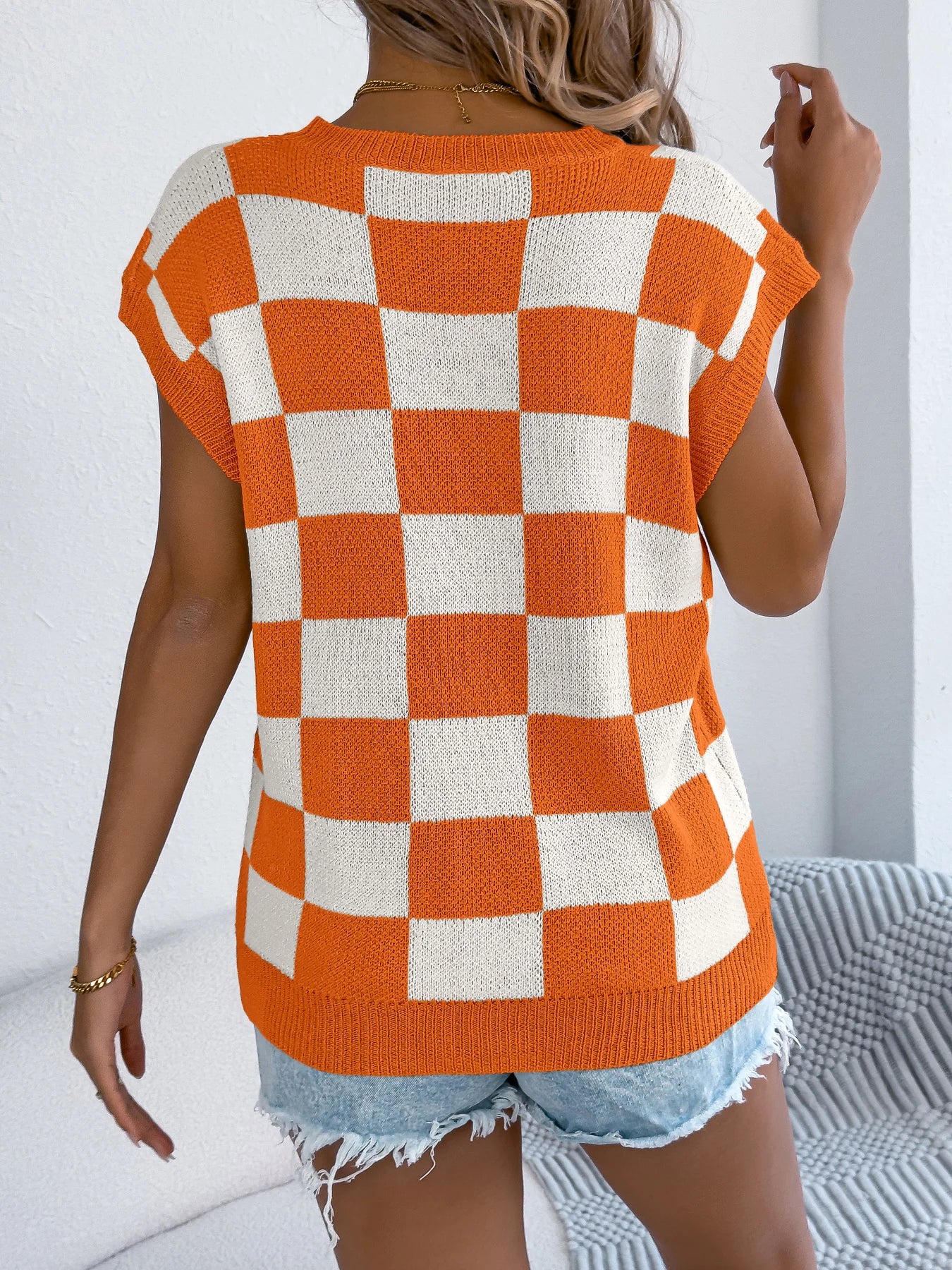 Color Block Plaid Knit Top Short Sleeve Pullover