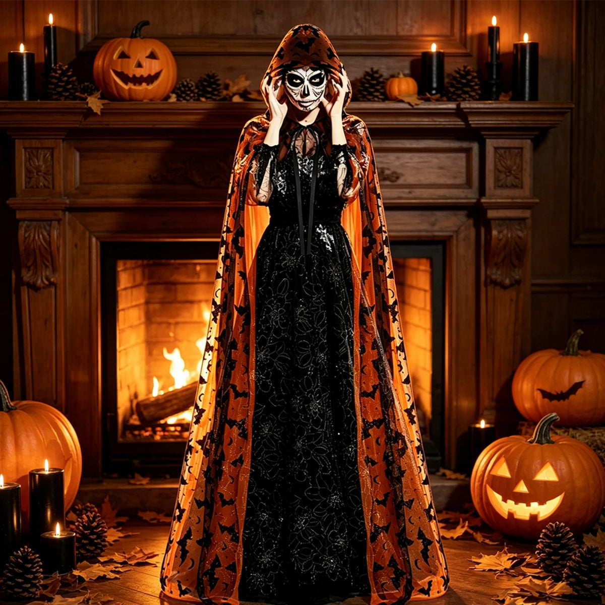 Bat Print Hooded Halloween Cape