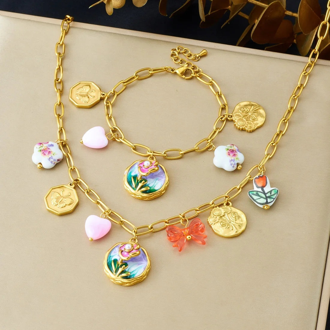 14K Gold Tone Plated Sunflower Pearl Jewelry Set Stainless Steel
