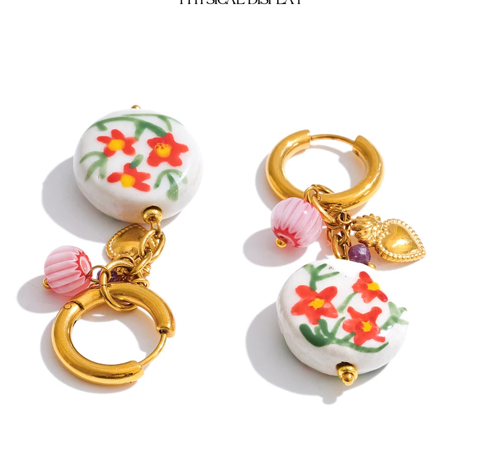 Women’s Stainless Steel Ceramic Flower Drop Earrings Gold Plated Trendy