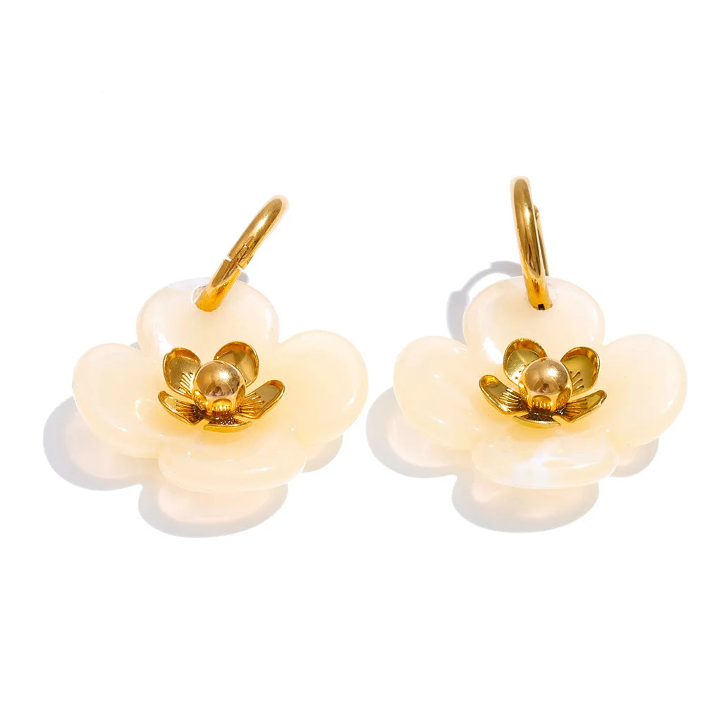 Women’s Flower Drop Hoop Earrings Stainless Steel Resin Gold Plated Trendy
