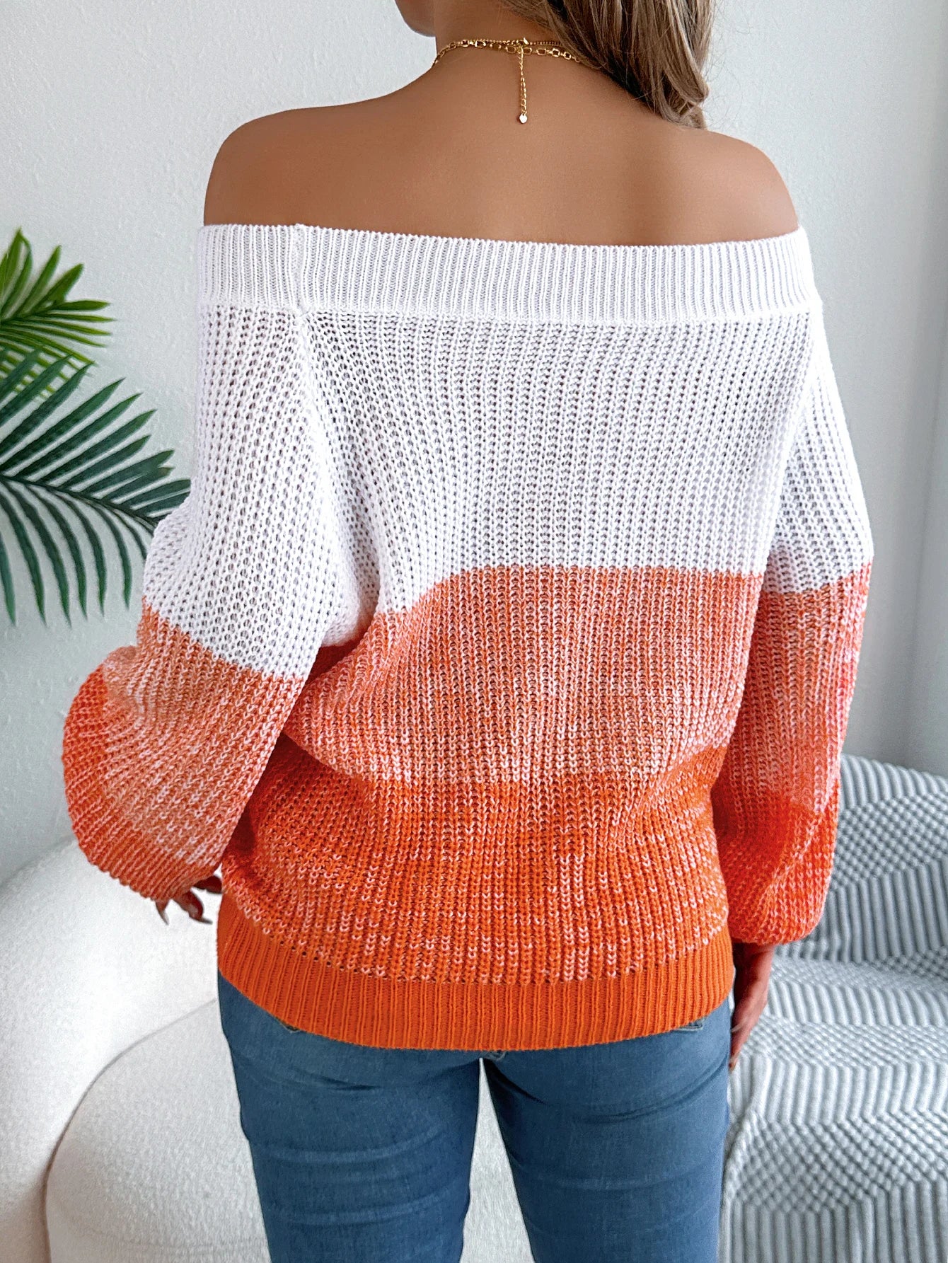 Off Shoulder Striped Sweater Lantern Sleeve Knit Pullover