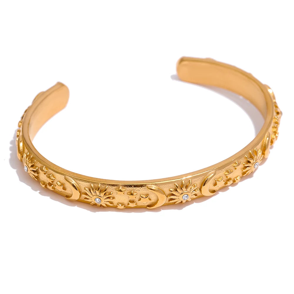 Vintage Gold Moon Star Sun Cuff Waterproof Stainless Steel Bangle