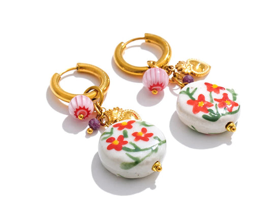 Women’s Stainless Steel Ceramic Flower Drop Earrings Gold Plated Trendy